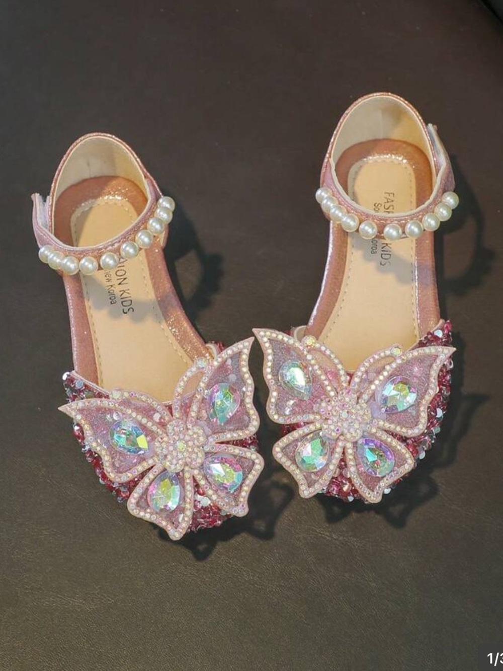 Pink Girls Butterfly Pearl Strap Dress Shoes